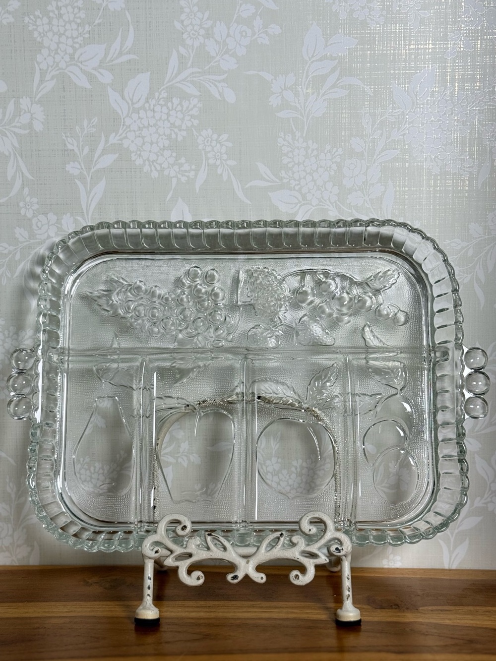 Vintage Indiana Glass Divided Serving Tray, Fruit Embossed